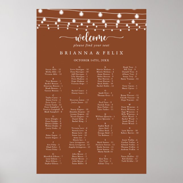Lights Terracotta Alphabetical Seating Chart (Front)