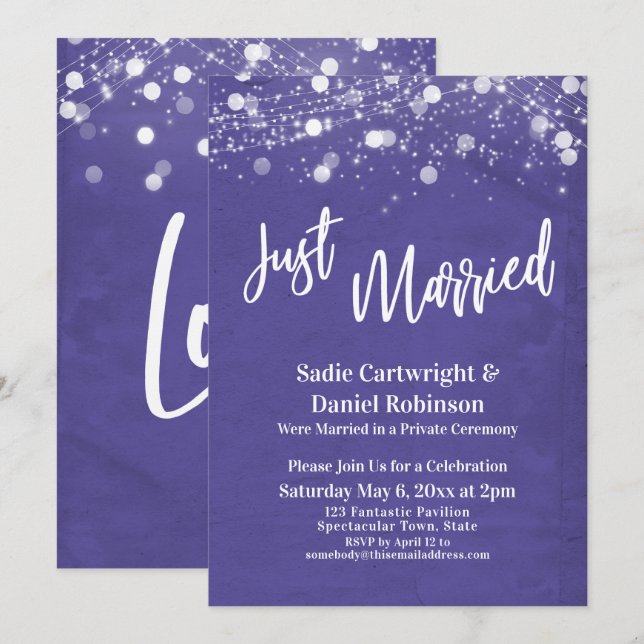 Lights Textured Just Married Purple Reception-Only Invitation (Front/Back)