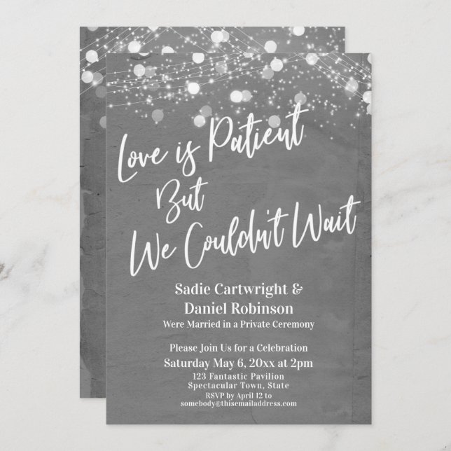 Lights Textured Love is Patient Grey Reception Invitation (Front/Back)