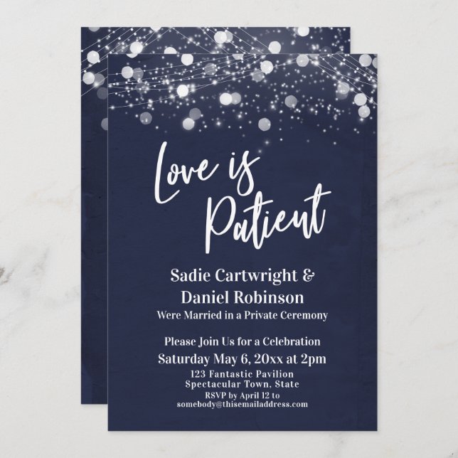 Lights Textured Love is Patient Navy Reception Invitation (Front/Back)