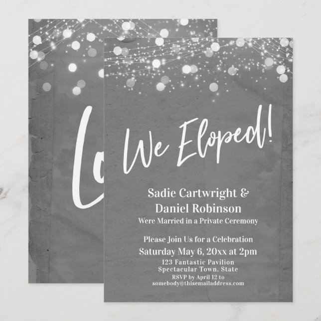 Lights Textured We Eloped Grey Reception-Only Invitation (Front/Back)