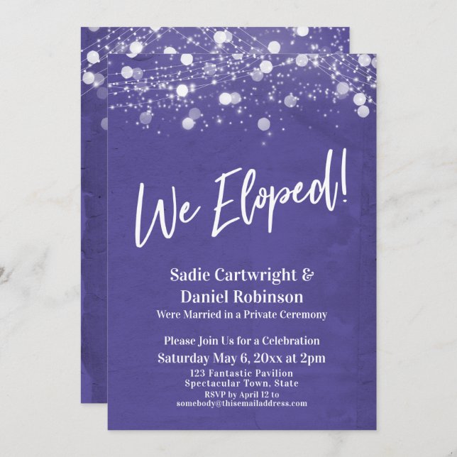 Lights Textured We Eloped Purple Reception-Only Invitation (Front/Back)