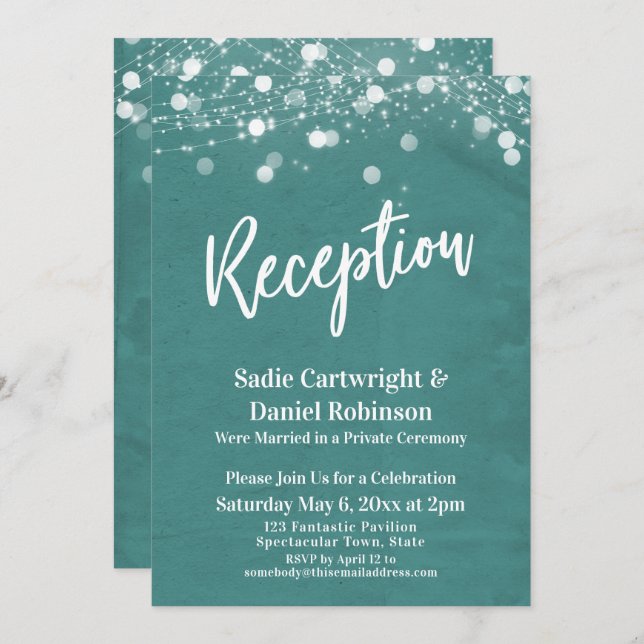Lights Textured Wedding Reception-Only Teal Invitation (Front/Back)
