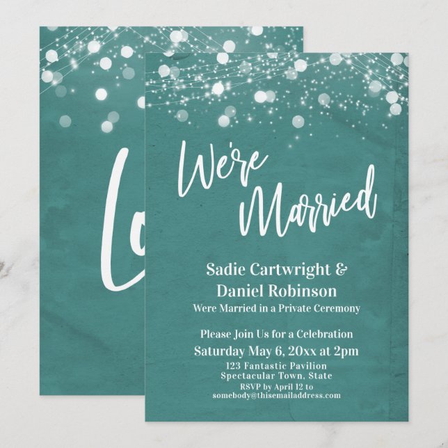 Lights Textured We're Married Teal Reception-Only Invitation (Front/Back)