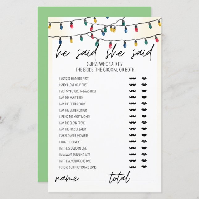 Lights Theme He Said She Said Bridal Shower Game (Front/Back)