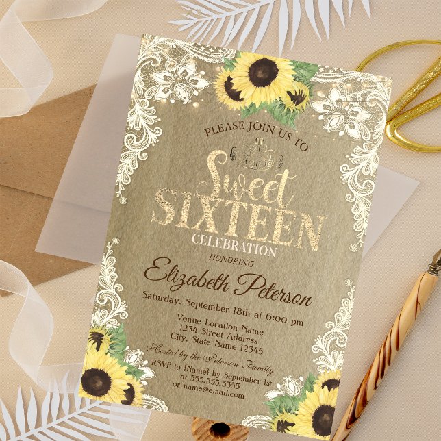 Lights,Tiara,Lace Sunflowers Kraft Sweet 16 Party Invitation (Creator Uploaded)