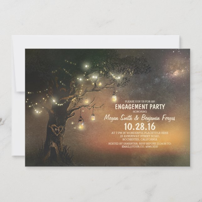 Lights Tree & Mason Jars Rustic Engagement Party Invitation (Front)