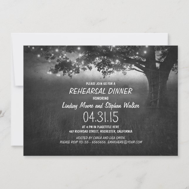 lights tree rustic rehearsal dinner invitation (Front)