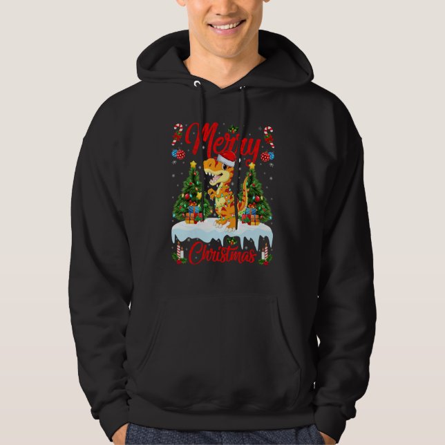 Lights Xmas Tree Santa Allosaurus Dinosaur Christm Hoodie (Front)