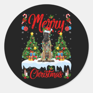 Lights Xmas Tree Santa Belgian Malinois Dog Christ Classic Round Sticker