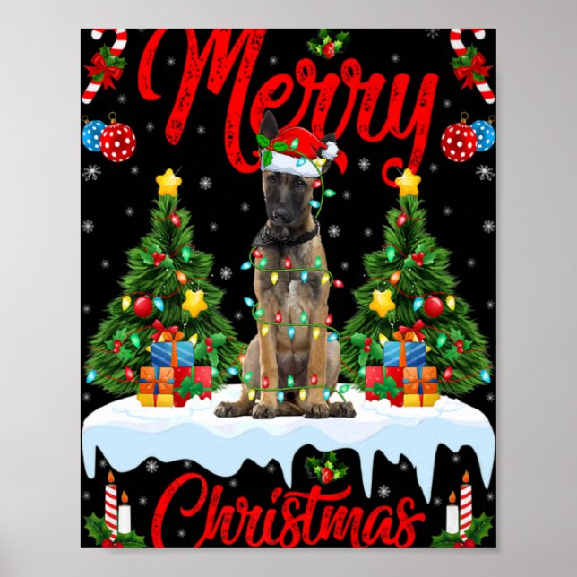 Lights Xmas Tree Santa Belgian Malinois Dog Christ Poster (Front)