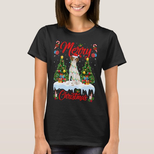 Lights Xmas Tree Santa Brittany Spaniel Dog Christ T-Shirt (Front)