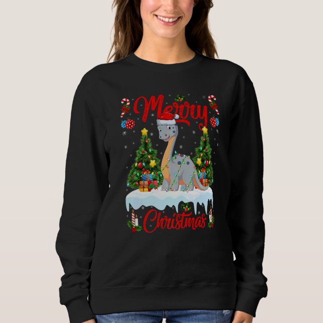 Lights Xmas Tree Santa Diplodocus Dinosaur Christm Sweatshirt (Front)