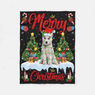 Lights Xmas Tree Santa Siberian Husky Dog Christma Fleece Blanket