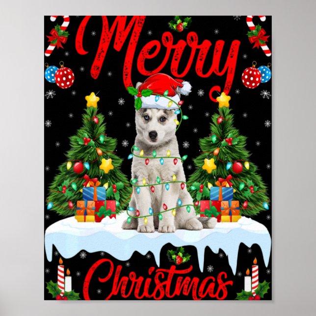 Lights Xmas Tree Santa Siberian Husky Dog Christma Poster (Front)