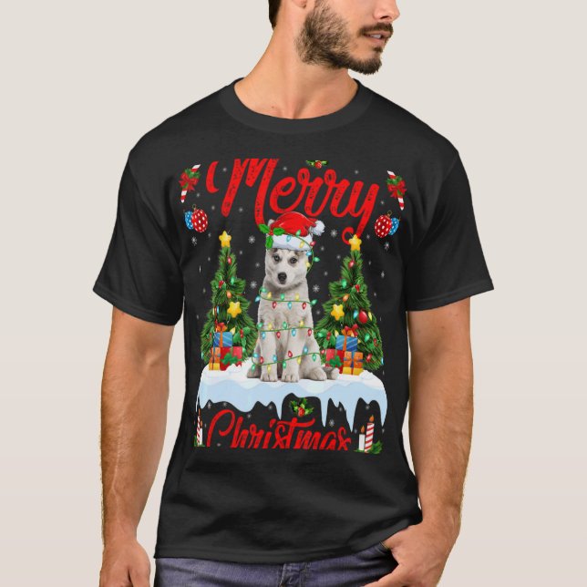 Lights Xmas Tree Santa Siberian Husky Dog Christma T-Shirt (Front)