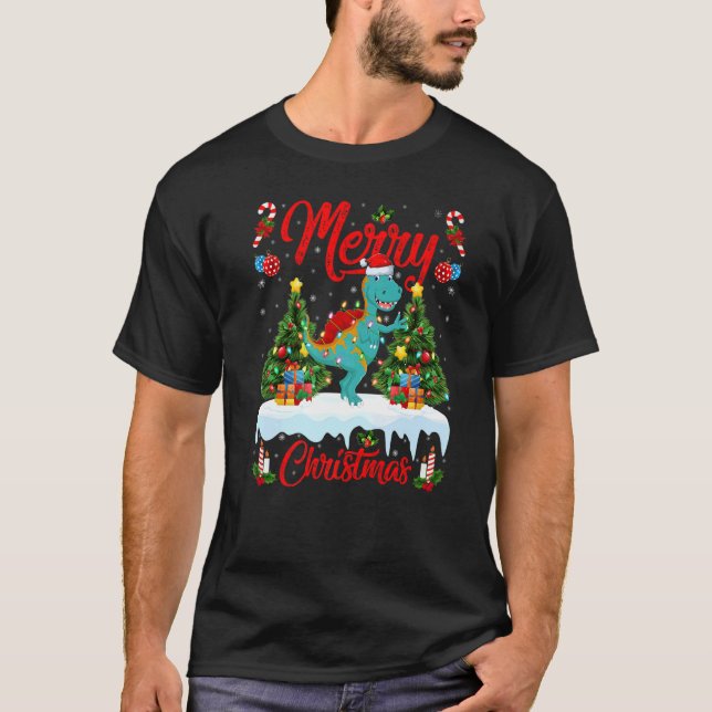 Lights Xmas Tree Santa Spinosaurus Dinosaur Christ T-Shirt (Front)