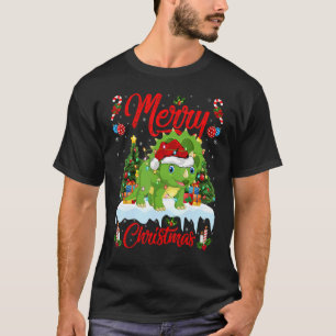 Lights Xmas Tree Santa Triceratops Dinosaur Christ T-Shirt