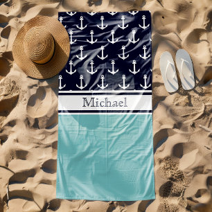 Ligth Navy Blue Anchor Pattern Name Nautical Beach Towel
