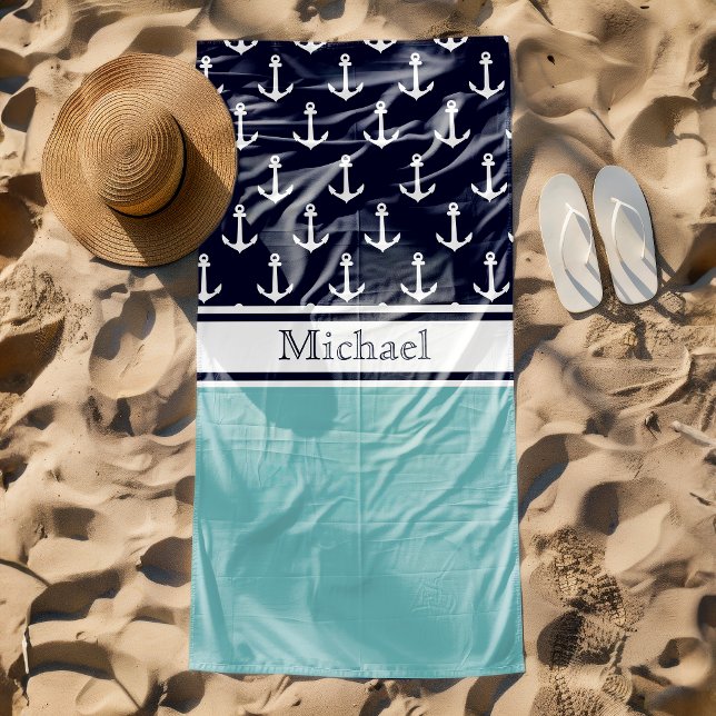 Ligth Navy Blue Anchor Pattern Name Nautical Beach Towel (Creator Uploaded)