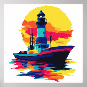 Ligthouse Sunset Illustration Watercolour Painting Poster