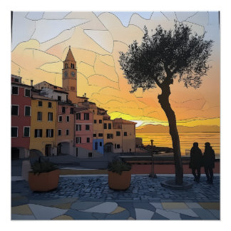 Ligurian Sunset – Stained Glass Style Poster