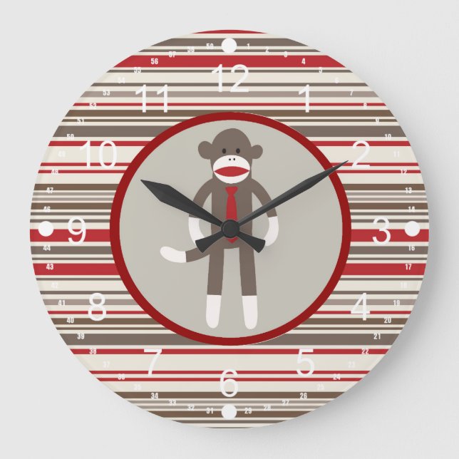Like a Boss Sock Monkey with Tie on Red Stripes Large Clock (Front)