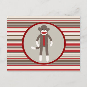 Like a Boss Sock Monkey with Tie on Red Stripes Postcard