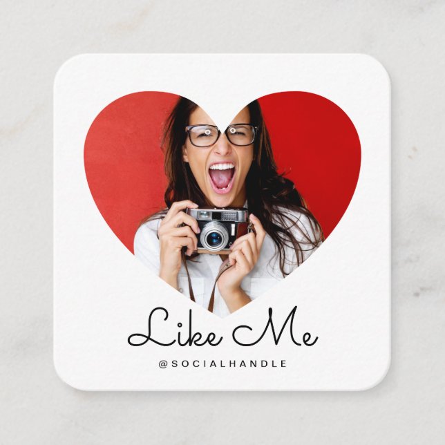 Like Me White Photo Heart Frame Girly Social Media Square Business Card (Front)