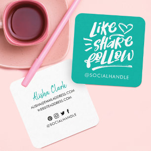 Like Share Follow Brush Script Aqua Social Media Square Business Card
