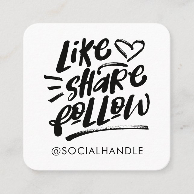 Like Share Follow Brush Script White Social Media Square Business Card (Front)
