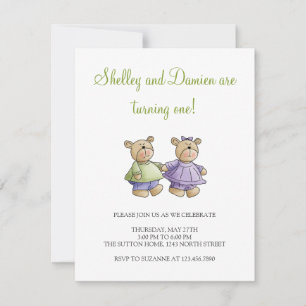 Lil' Bears · Baby Twins Green & Purple Invitation