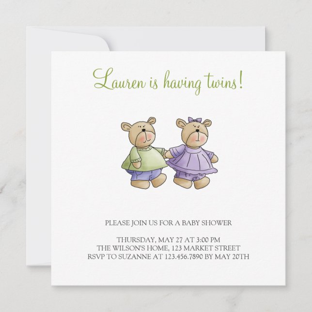 Lil' Bears · Baby Twins Green & Purple Invitation (Front)
