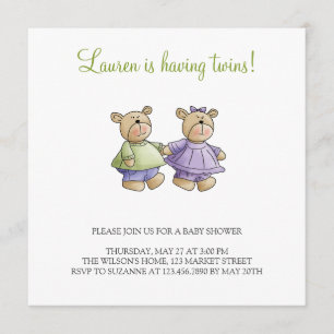 Lil' Bears · Baby Twins Green & Purple Invitation