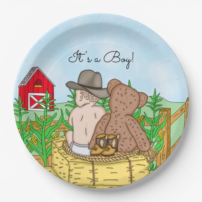 Lil' Cowboy and Teddy Bear Baby Shower Paper Plate (Front)