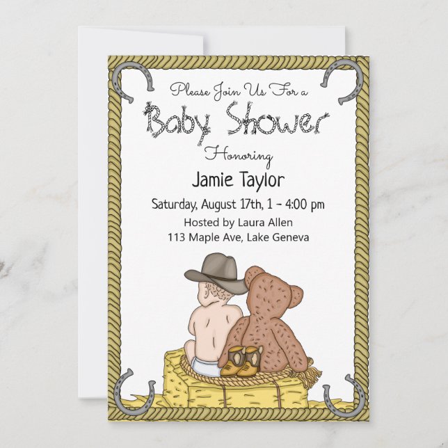 Lil' Cowboy and Teddy Bear Boy's Baby Shower Invitation (Front)