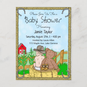 Lil' Cowboy and Teddy Bear Boys Baby Shower Invite Postcard