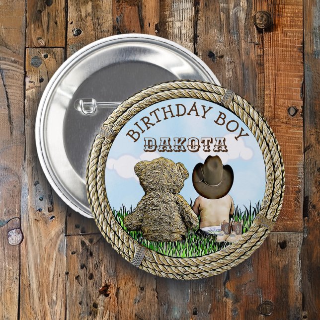 Lil' Cowboy and Teddy Bear Boy's Birthday Boy 6 Cm Round Badge (Creator Uploaded)