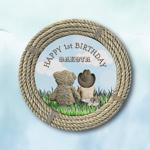 Lil' Cowboy and Teddy Bear Boy's First Birthday Paper Plate