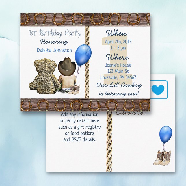 Lil Cowboy Baby Boy and Teddy Bear 1st Birthday Invitation Postcard (Creator Uploaded)