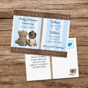 Lil Cowboy Baby Boy and Teddy Bear Baby Shower Inv Invitation Postcard