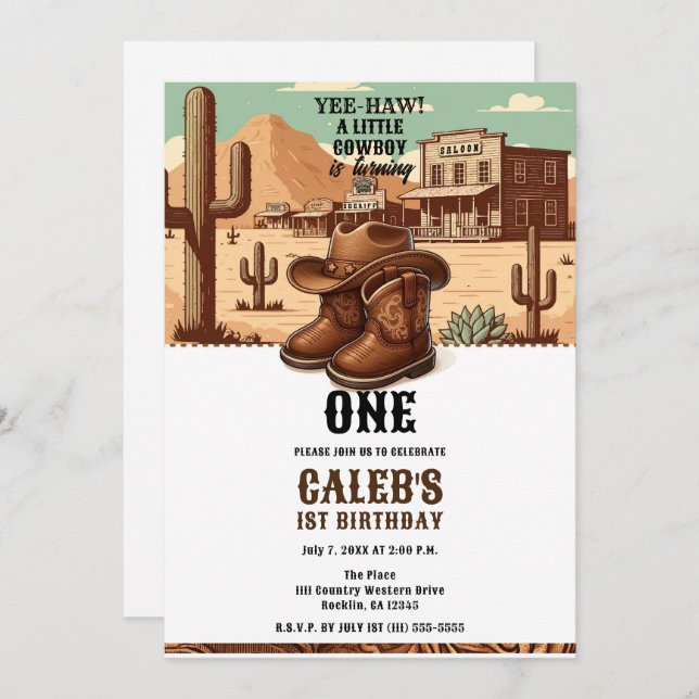 Lil Cowboy Country Western Boots Hat 1st Birthday  Invitation (Front/Back)