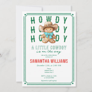 Lil Cowboy Gingerbread Christmas Green Baby Shower Invitation