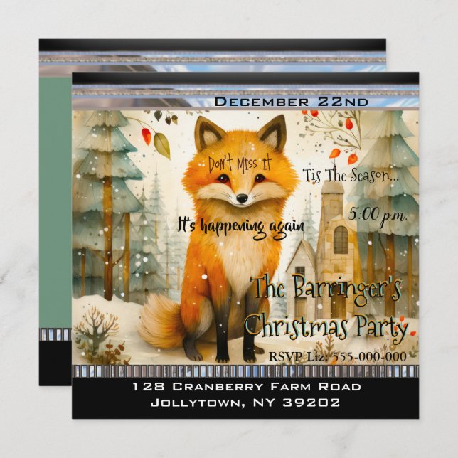 Lil Fox Sitting in Snow Christmas Party Invitation (Front/Back)