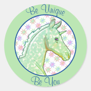 Lil Green Palomino Unicorn (pink/blue) Classic Round Sticker