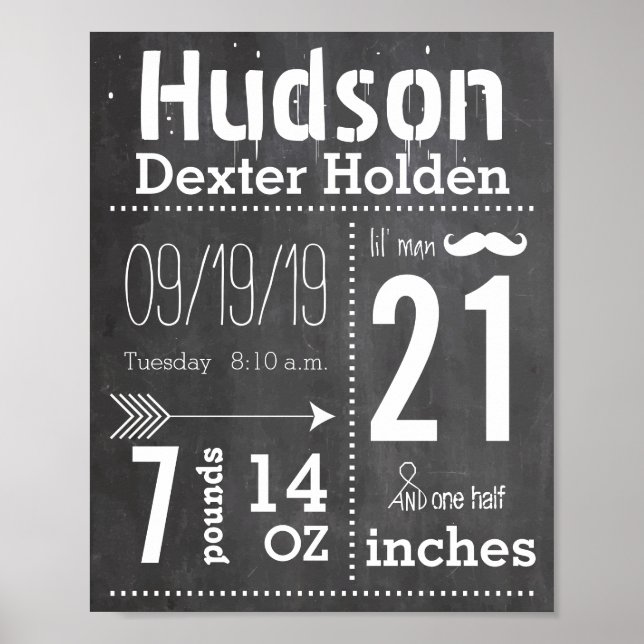 Lil Man Mustache Chalkboard Boy Baby Stat Arrow Poster (Front)