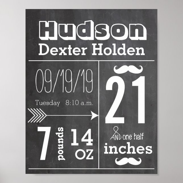 Lil Man Mustache Chalkboard Boy Baby Stat Arrow Poster (Front)