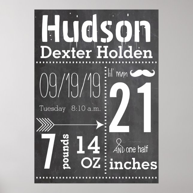 Lil Man Mustache Chalkboard Boy Baby Stat Arrow Poster (Front)