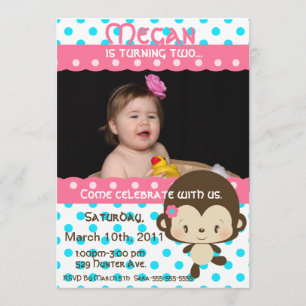 Lil Miss Monkey Birthday Invitation-Pink-Blue Invitation