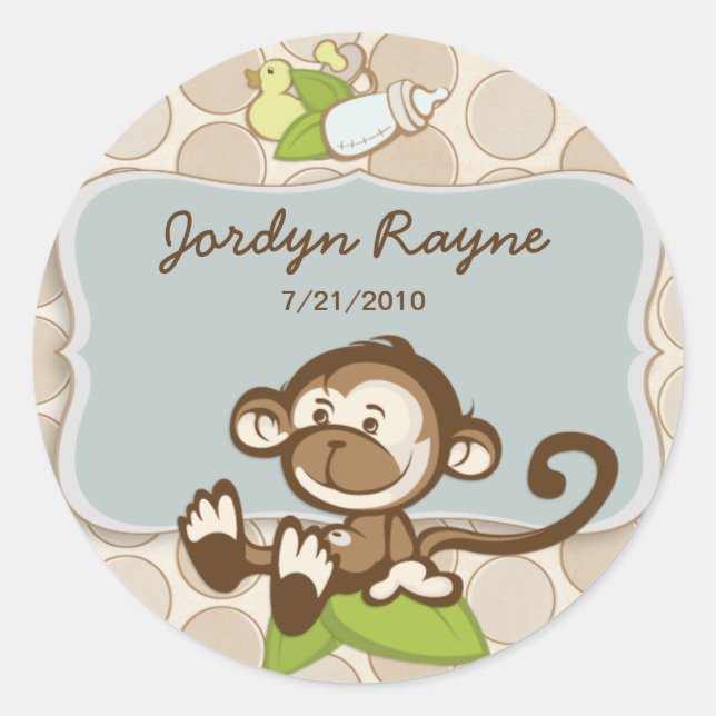 Lil Monkey Birth Announcement Sticker/Label Classic Round Sticker (Front)